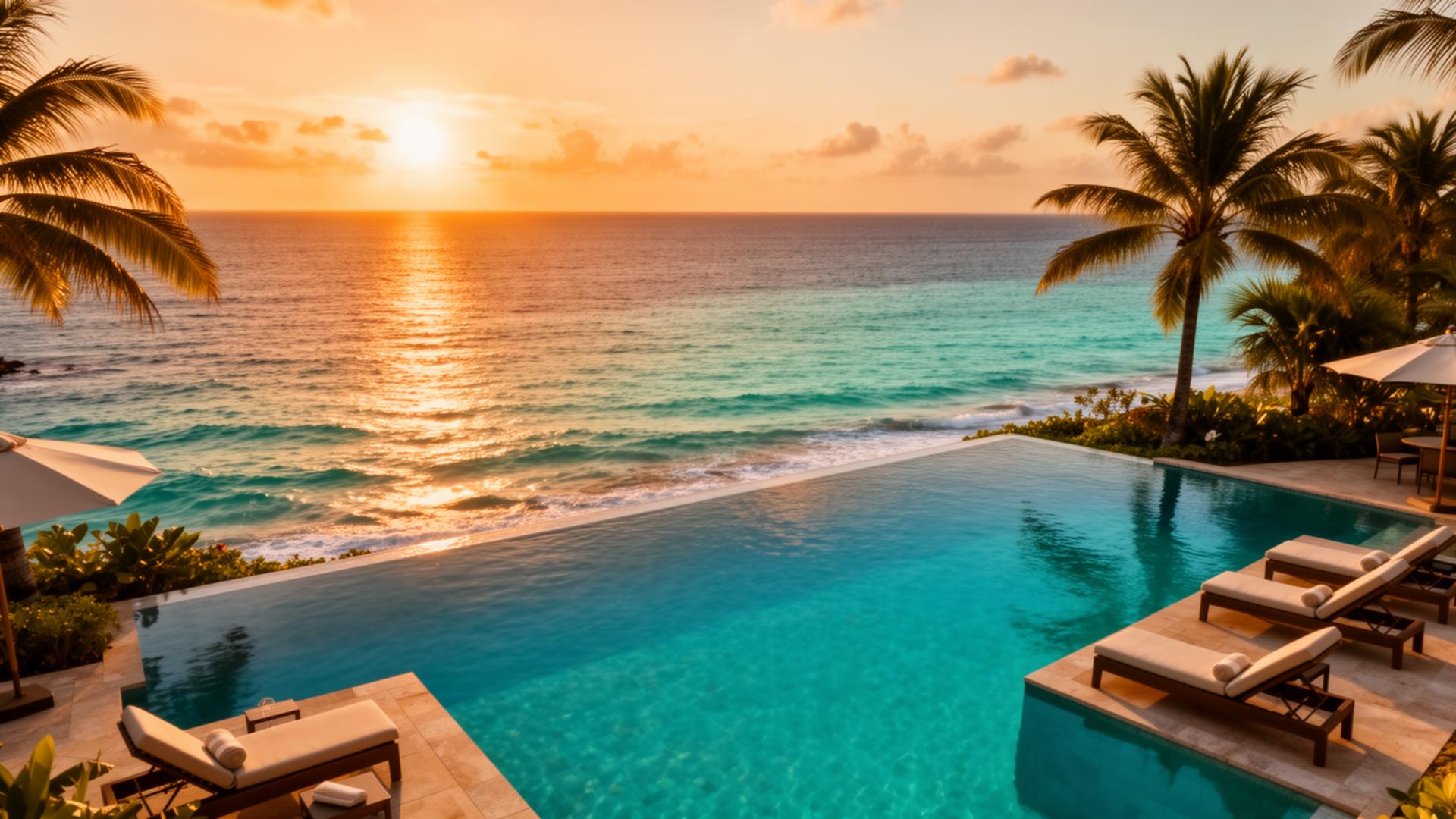 Luxury infinity pool overlooking ocean at sunset